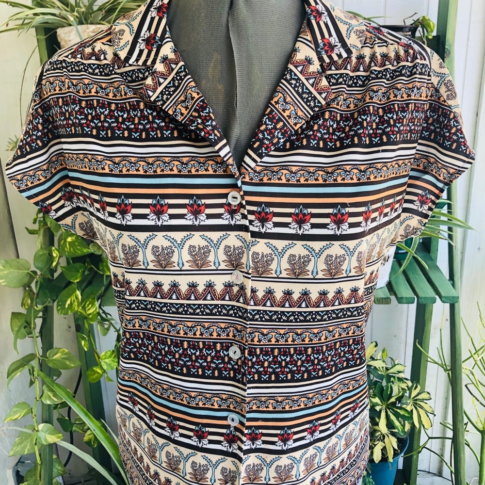 Vintage Silky Flower Print Button Down Top
